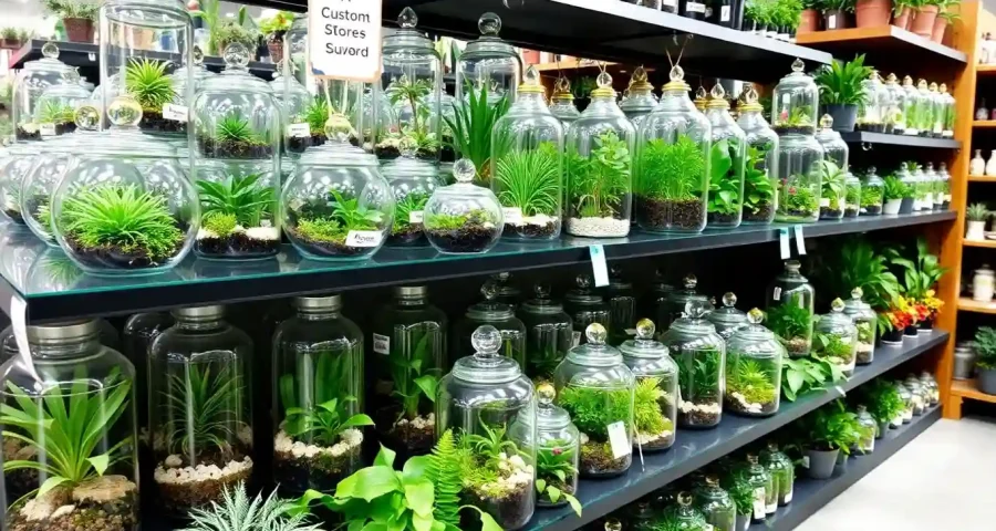 Colorful glass terrariums arranged in a retail display